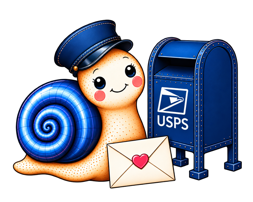 Poppy the snail delivering a special envelope beside a blue mailbox