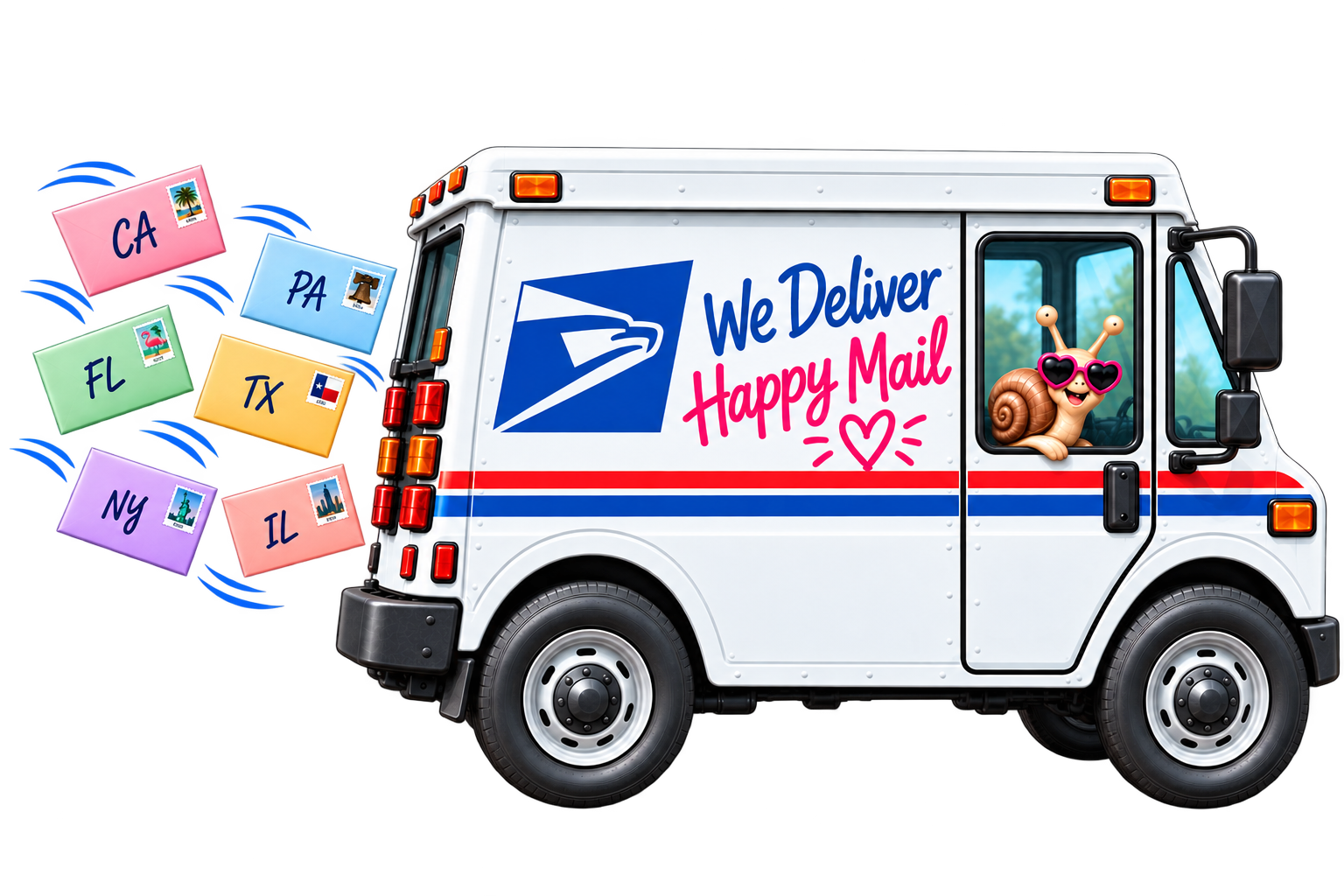 Delivery van carrying happy mail and colorful envelopes